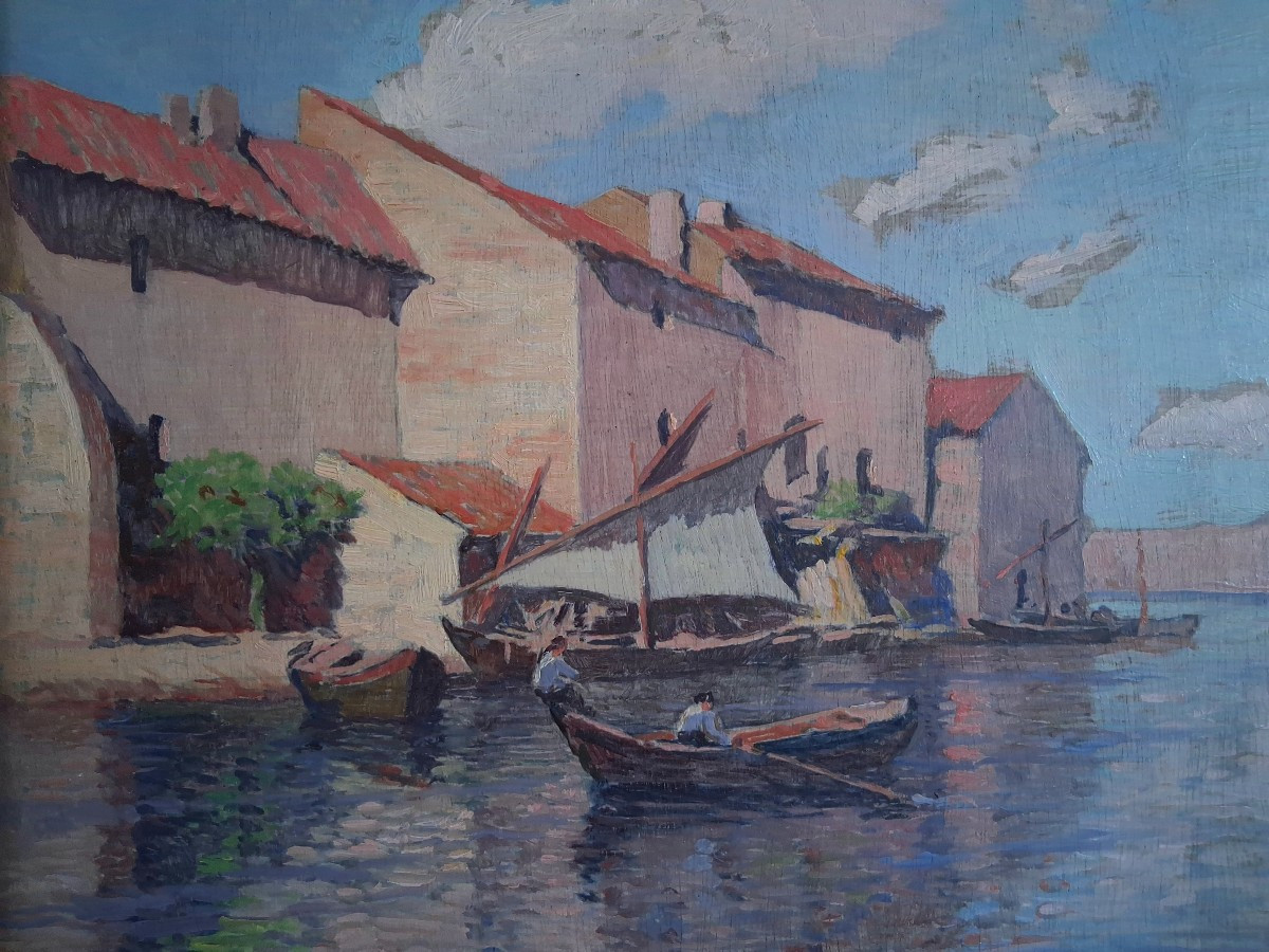 Constantin Font (1890-1954) Martigues Port Fishing Boats Provence Oil On Wood-photo-3