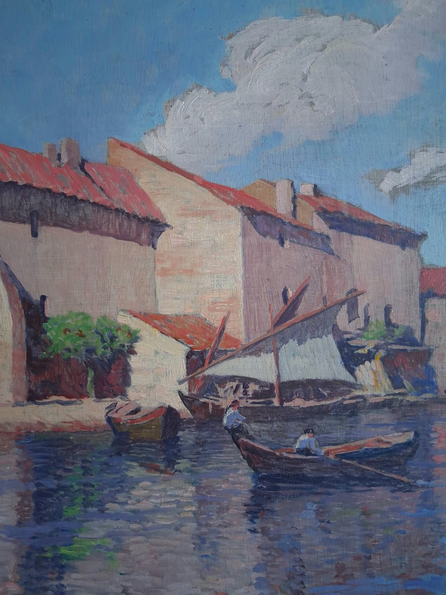 Constantin Font (1890-1954) Martigues Port Fishing Boats Provence Oil On Wood-photo-4