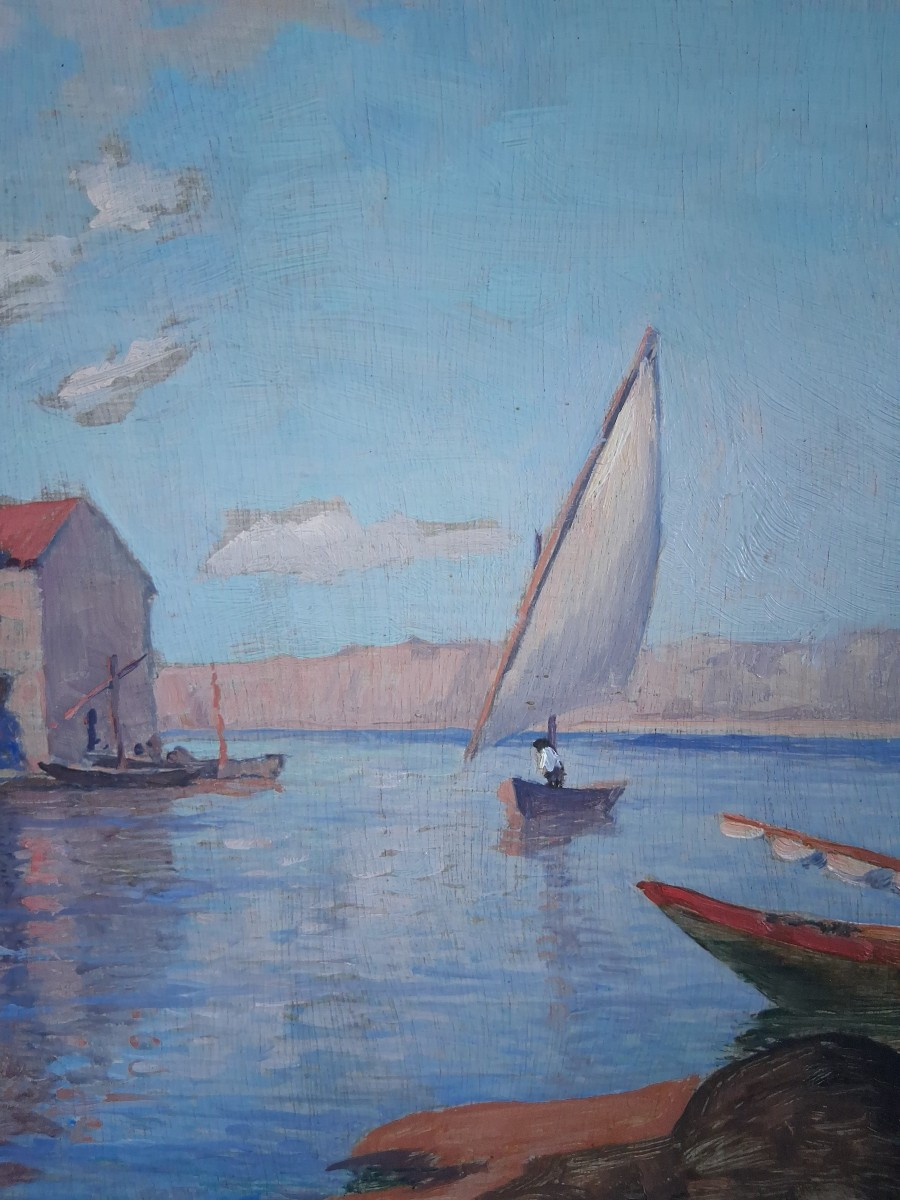 Constantin Font (1890-1954) Martigues Port Fishing Boats Provence Oil On Wood-photo-2