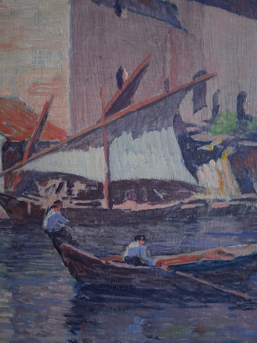 Constantin Font (1890-1954) Martigues Port Fishing Boats Provence Oil On Wood-photo-4