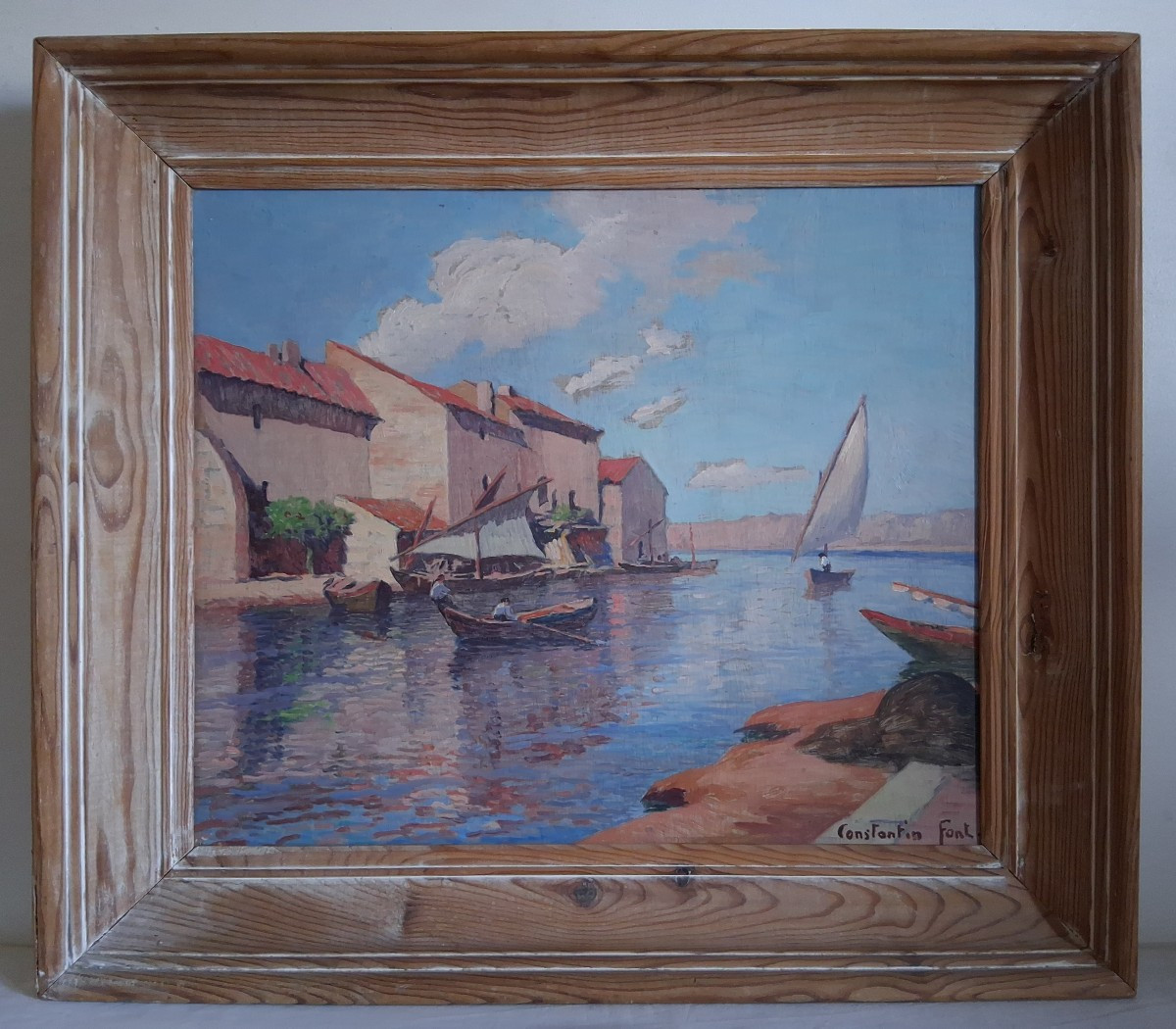 Constantin Font (1890-1954) Martigues Port Fishing Boats Provence Oil On Wood