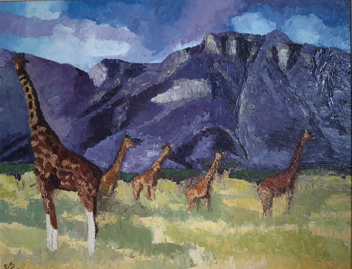 Huile sur panneau girafes dans la savane africaine (signé)-photo-2