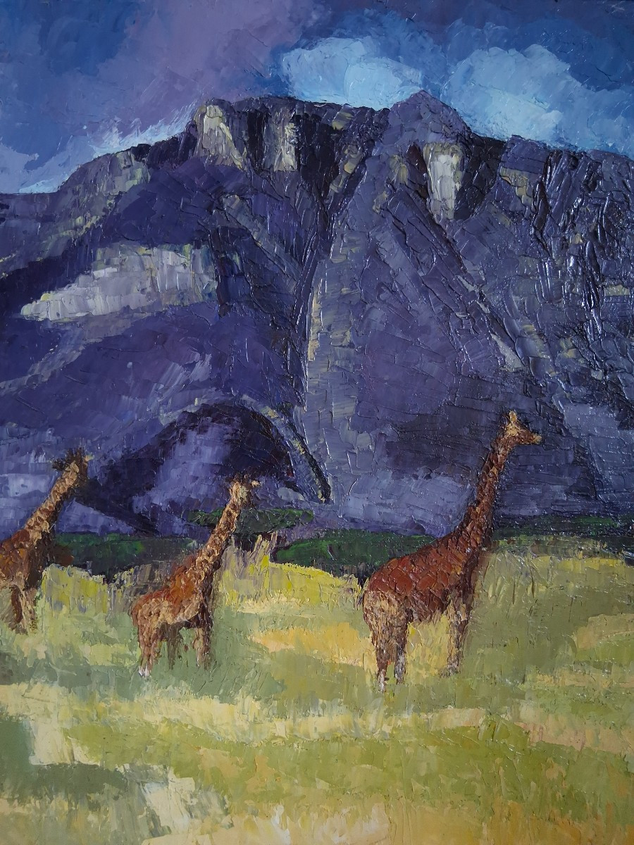 Huile sur panneau girafes dans la savane africaine (signé)-photo-1