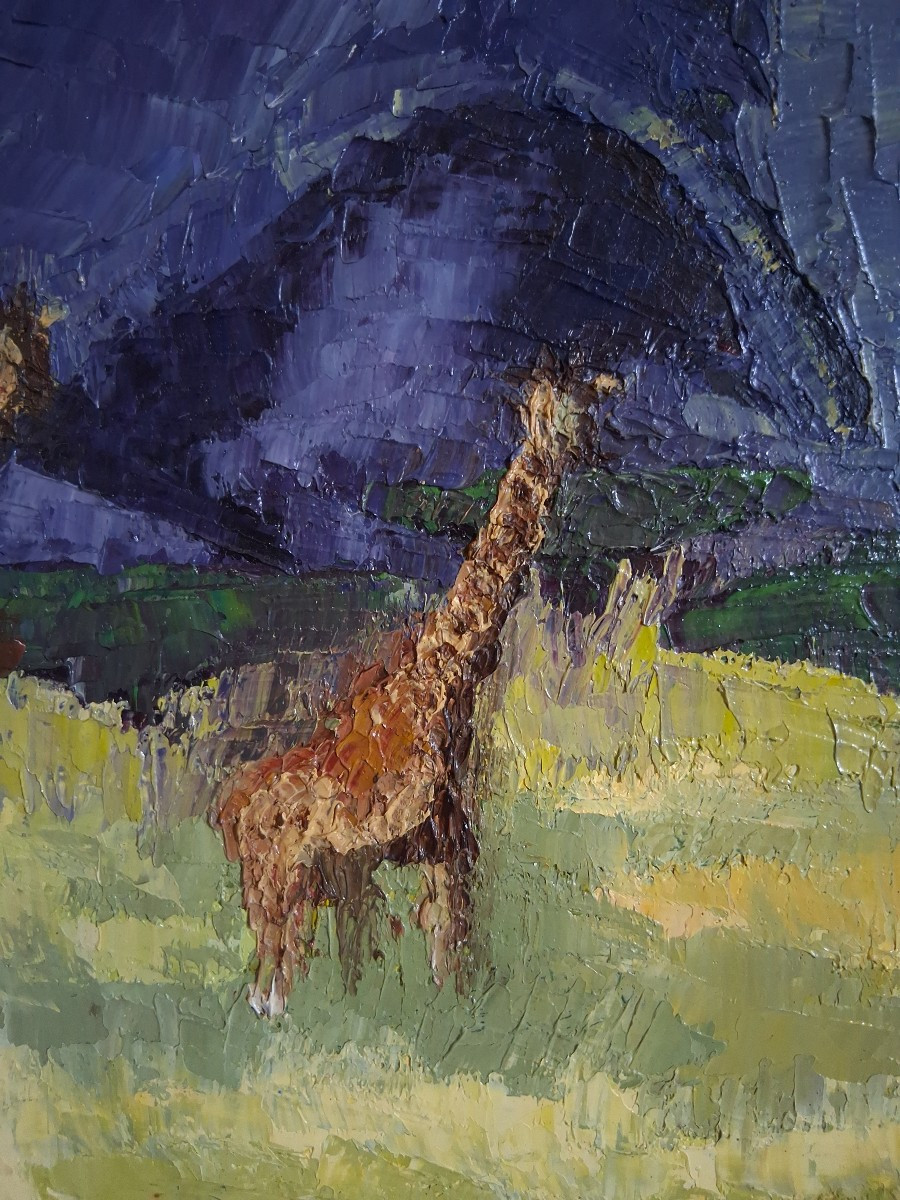 Huile sur panneau girafes dans la savane africaine (signé)-photo-4