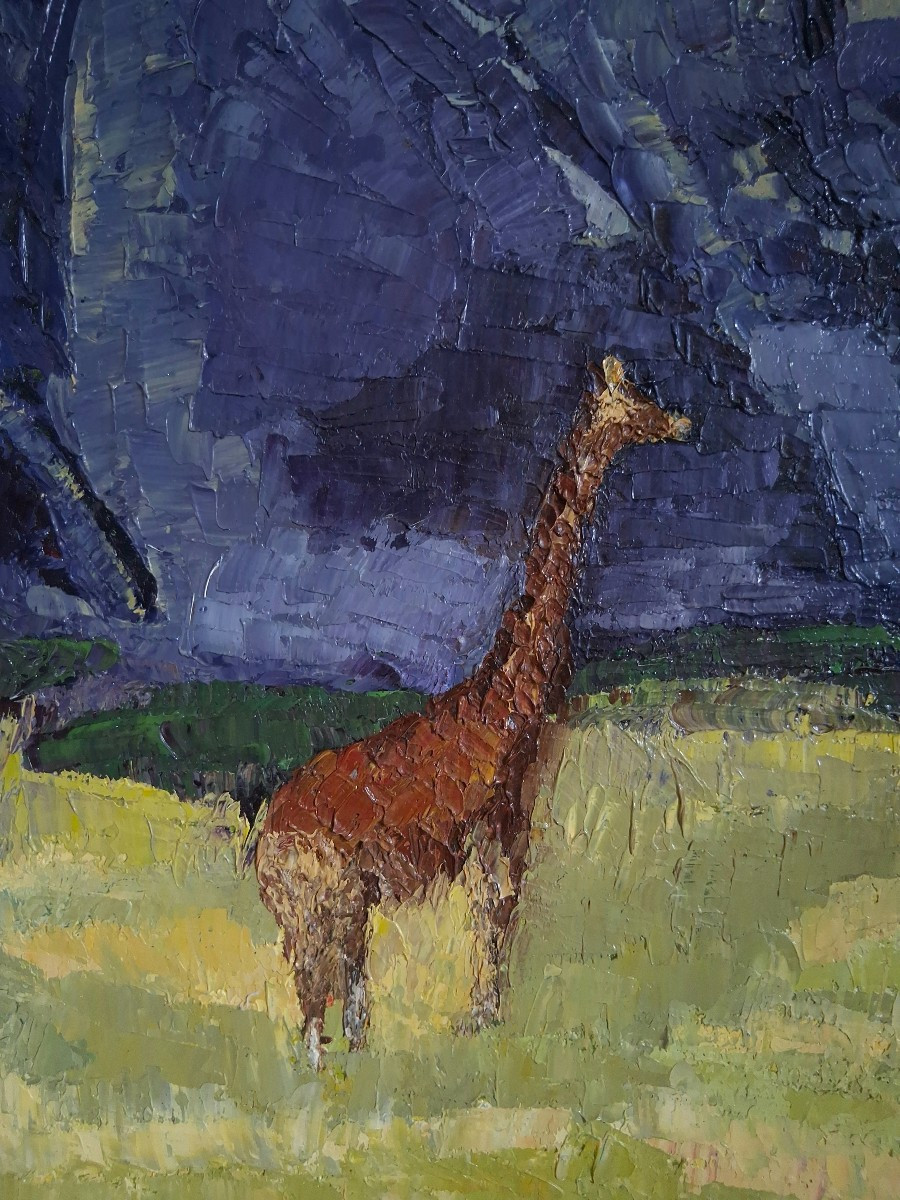 Huile sur panneau girafes dans la savane africaine (signé)-photo-5