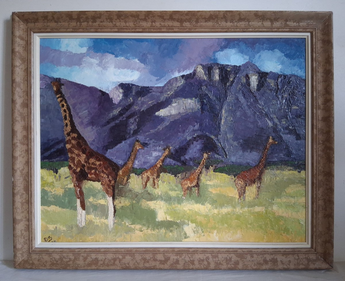 Huile sur panneau girafes dans la savane africaine (signé)