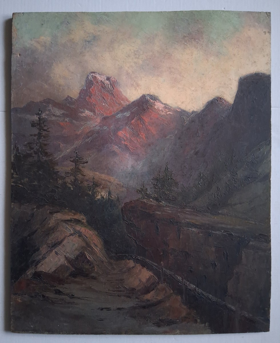 Oil On Wood, Mountain Landscape At Dusk, M. Losserand-photo-2