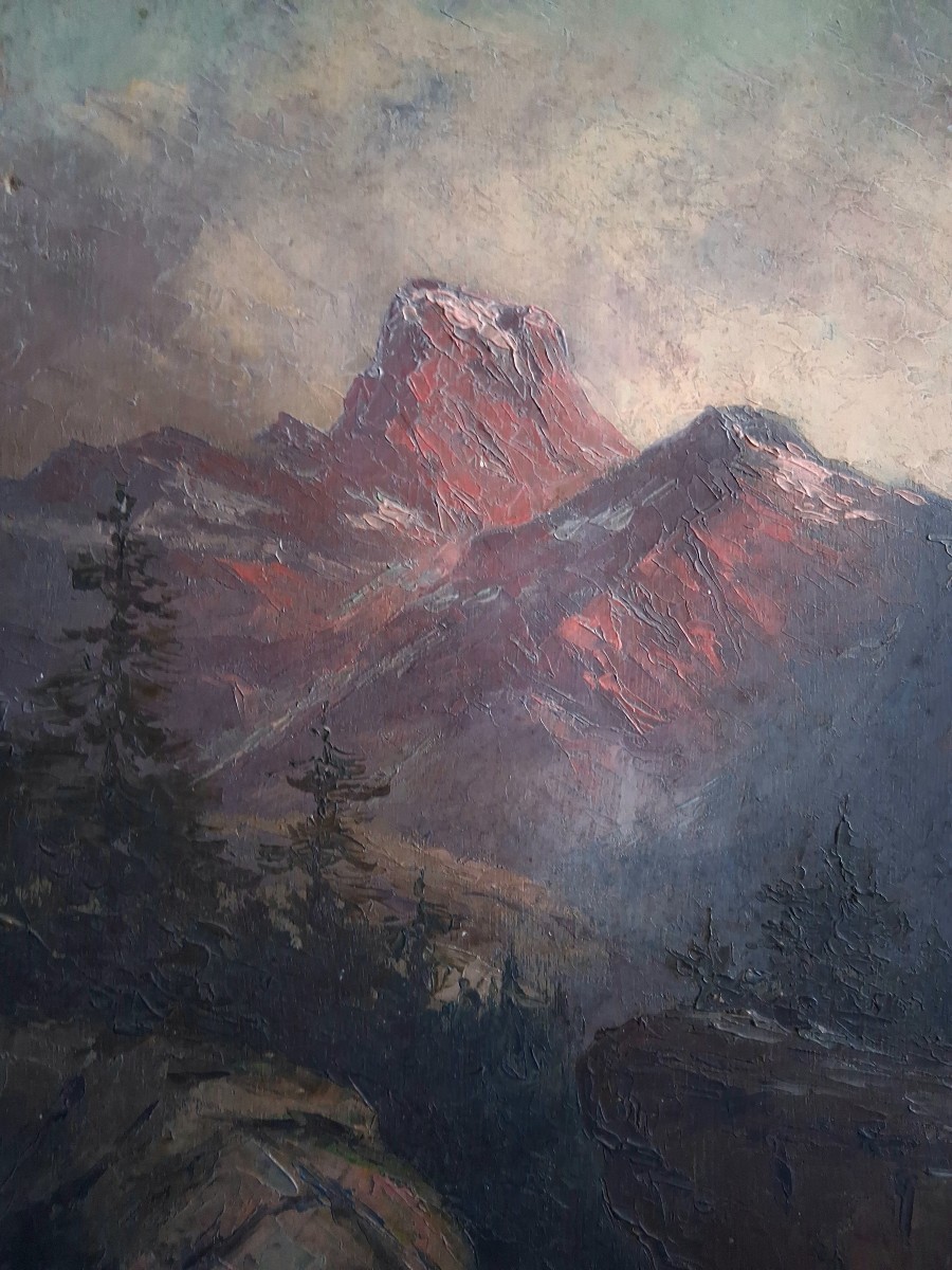 Oil On Wood, Mountain Landscape At Dusk, M. Losserand-photo-3