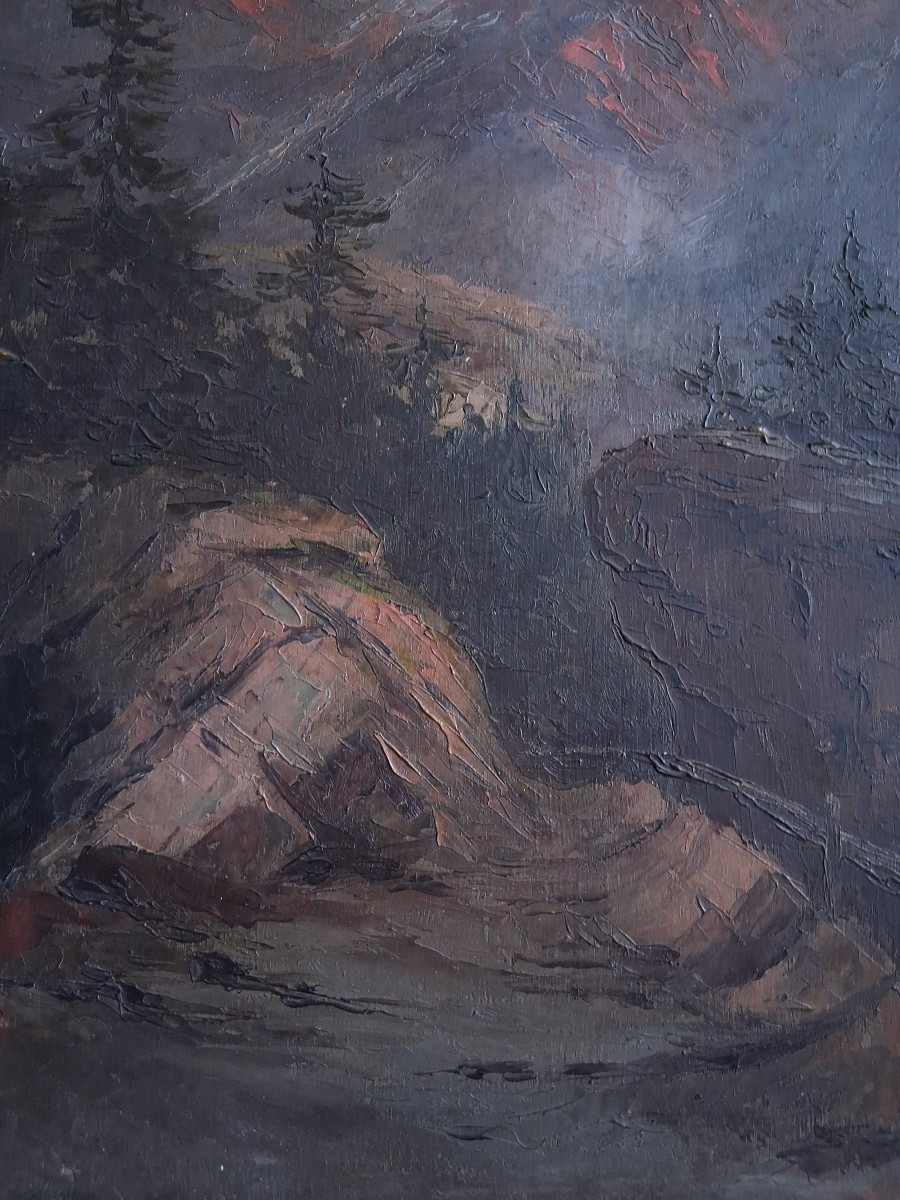 Oil On Wood, Mountain Landscape At Dusk, M. Losserand-photo-1
