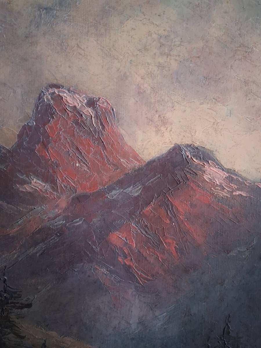 Oil On Wood, Mountain Landscape At Dusk, M. Losserand-photo-3