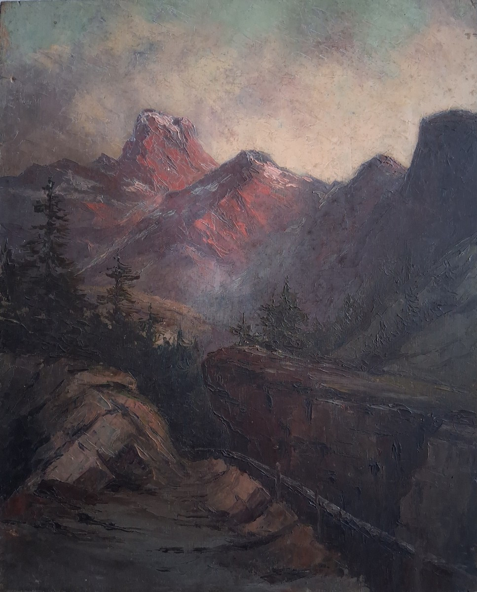 Oil On Wood, Mountain Landscape At Dusk, M. Losserand