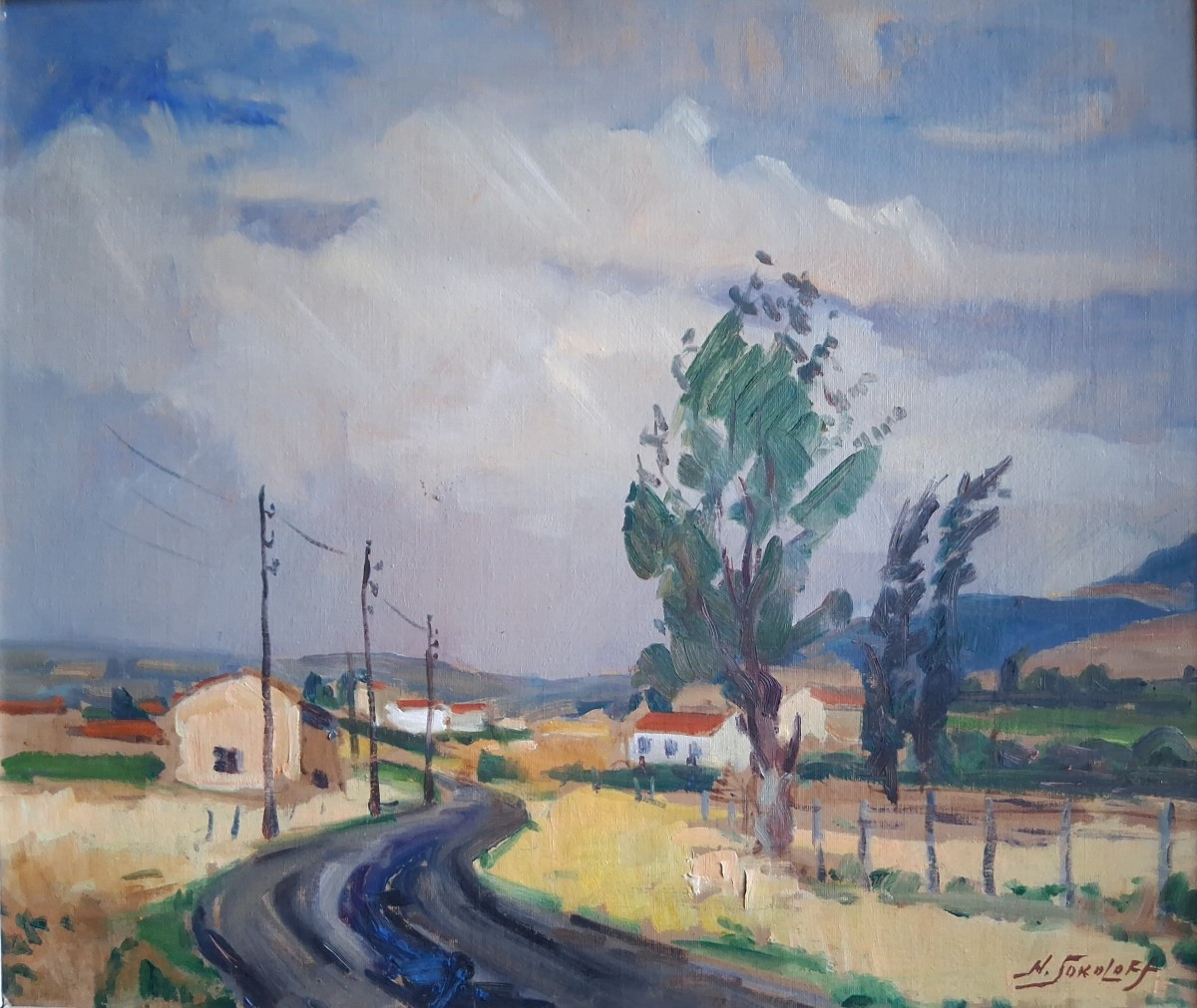 Nicolas Sokoloff (1899-1985) Landscape La Route Bleue Brindas Chaponost Oil On Panel-photo-2