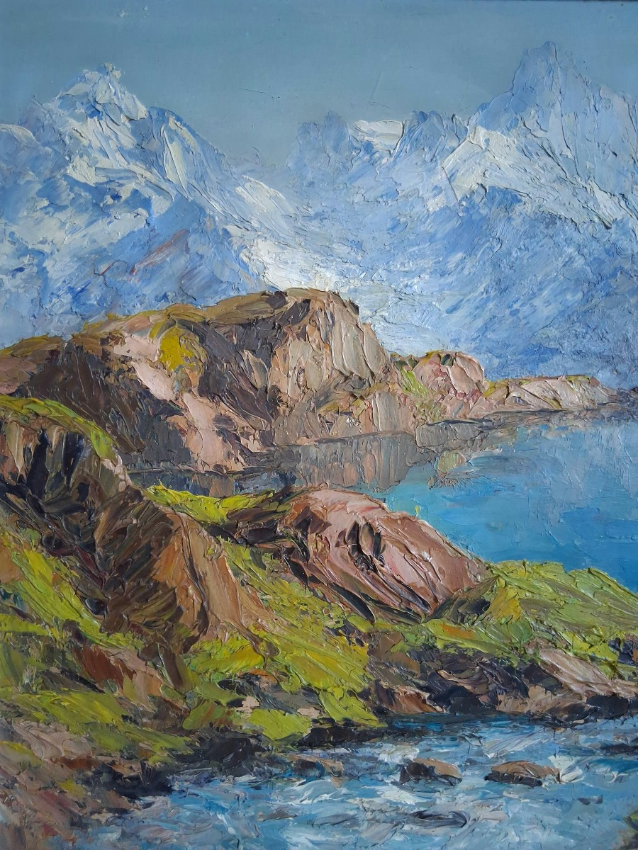 Oil On Wood, Lake Pétarel And The Olan, Hautes-alpes Mountain Landscape-photo-3