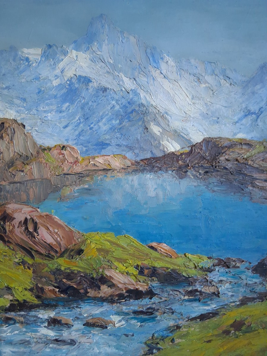 Oil On Wood, Lake Pétarel And The Olan, Hautes-alpes Mountain Landscape-photo-4