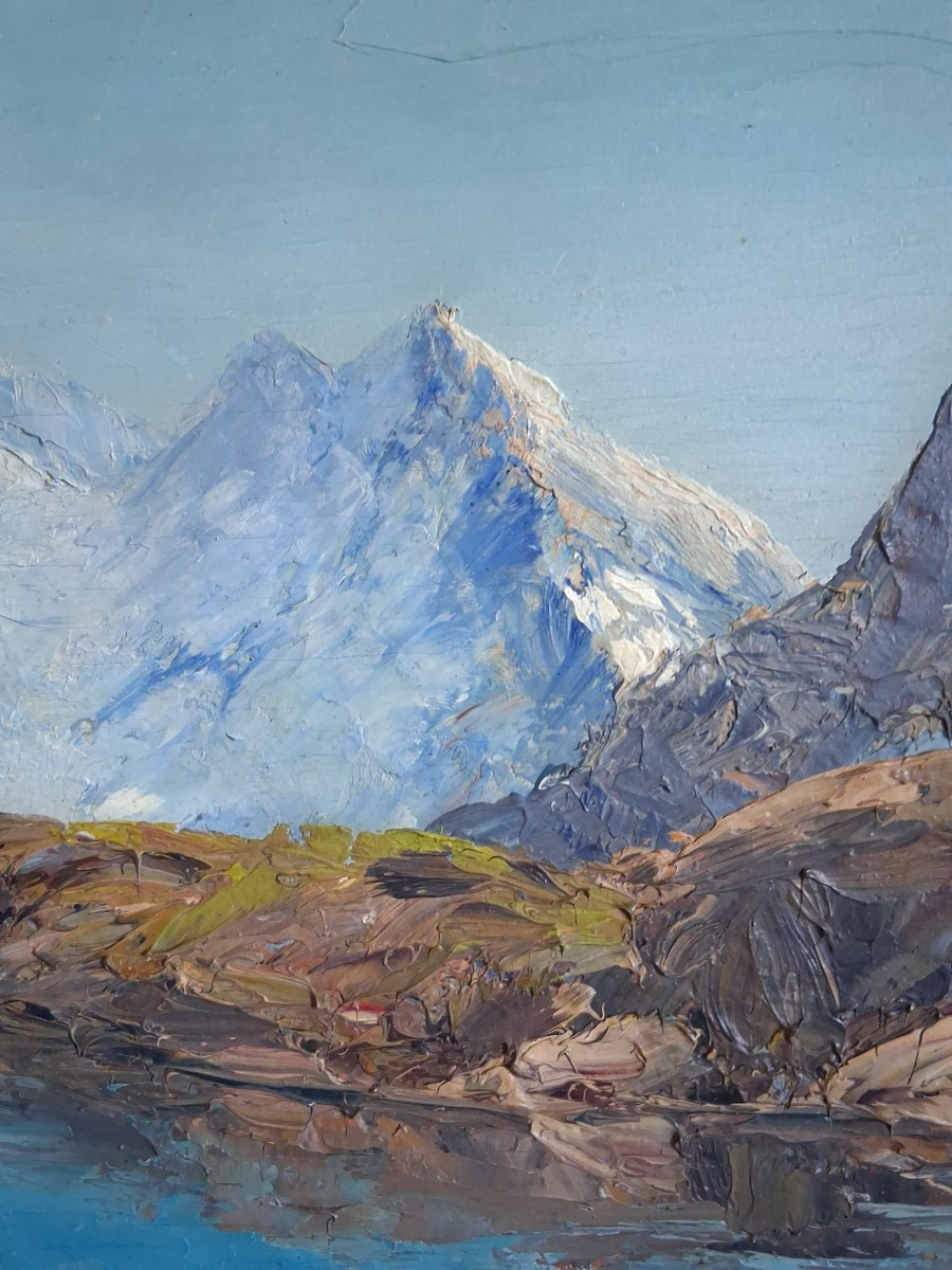 Oil On Wood, Lake Pétarel And The Olan, Hautes-alpes Mountain Landscape-photo-4