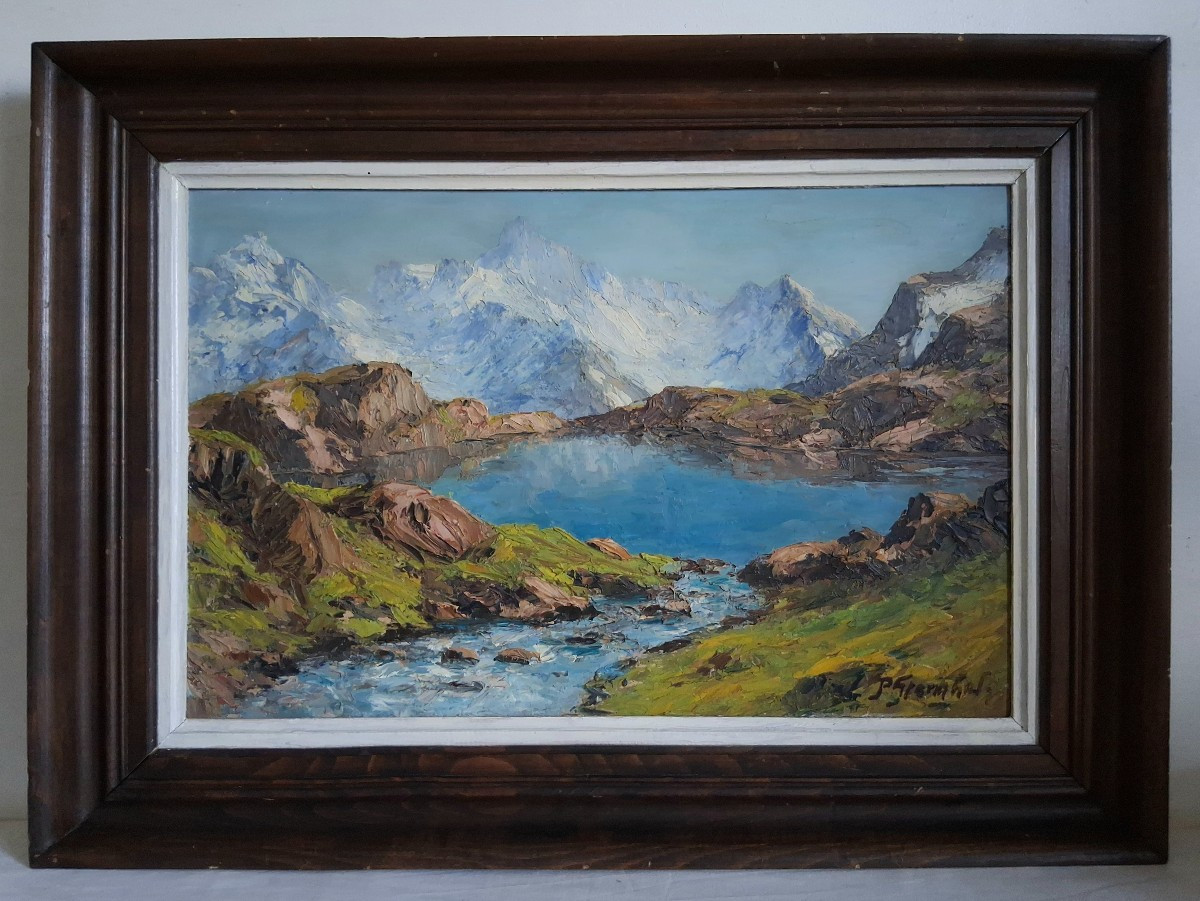 Oil On Wood, Lake Pétarel And The Olan, Hautes-alpes Mountain Landscape