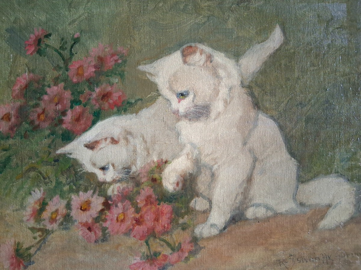 Gabriella RAINER ISTVANFFY (1877-1964) huile sur toile chats chatons jouant-photo-2