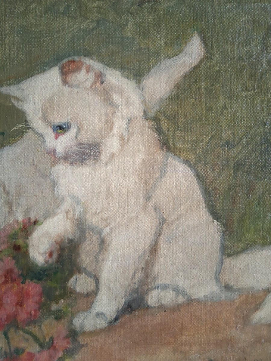 Gabriella RAINER ISTVANFFY (1877-1964) huile sur toile chats chatons jouant-photo-1