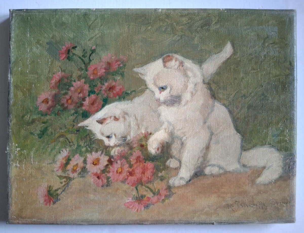 Gabriella RAINER ISTVANFFY (1877-1964) huile sur toile chats chatons jouant