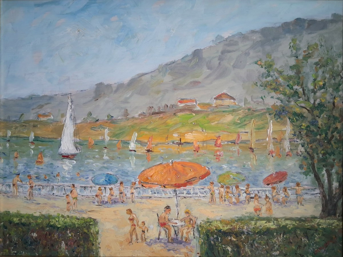 Lucien MOYROUD (1920-2000) Charavines lac de Paladru Isère scène de plage huile sur panneau-photo-2