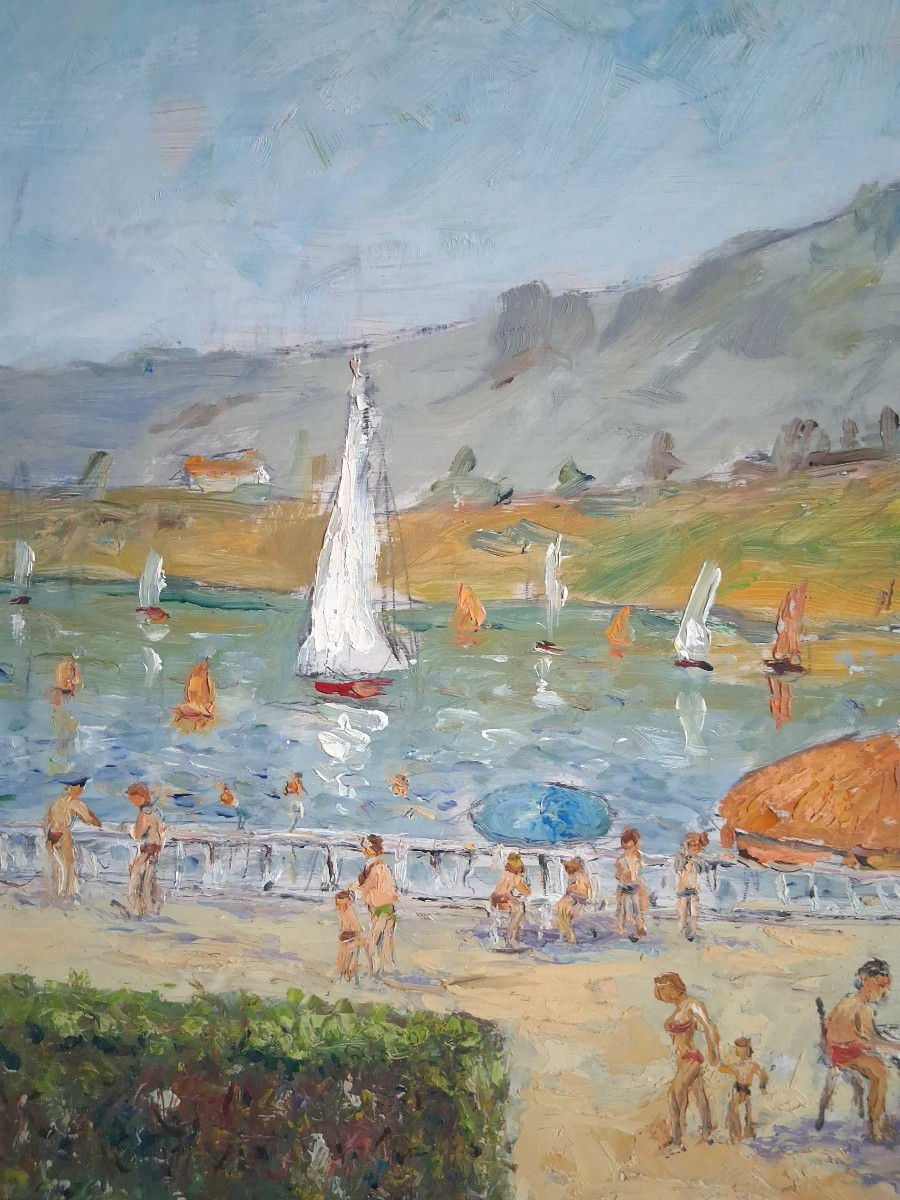 Lucien MOYROUD (1920-2000) Charavines lac de Paladru Isère scène de plage huile sur panneau-photo-3