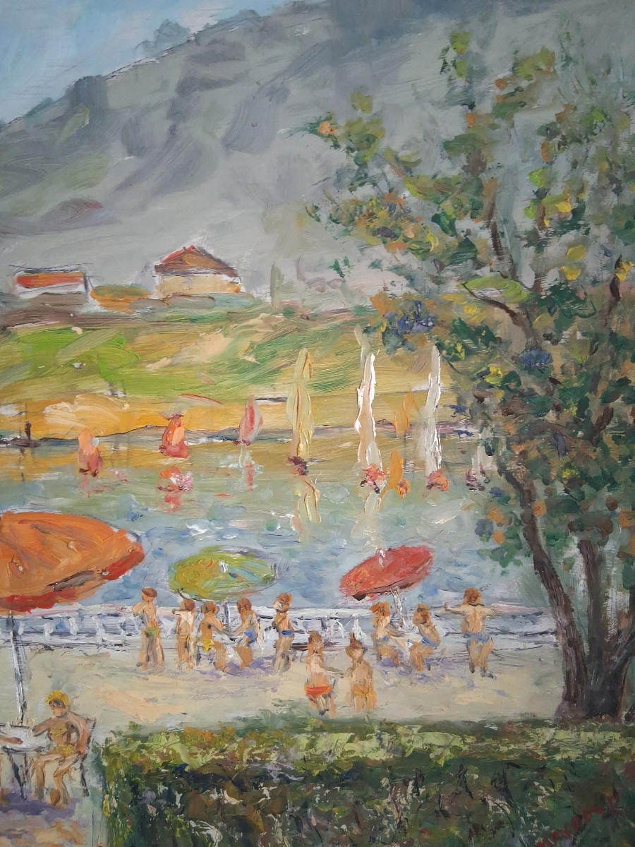 Lucien MOYROUD (1920-2000) Charavines lac de Paladru Isère scène de plage huile sur panneau-photo-1