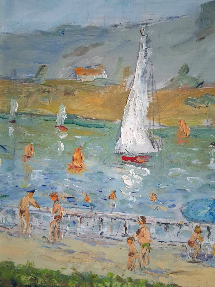 Lucien MOYROUD (1920-2000) Charavines lac de Paladru Isère scène de plage huile sur panneau-photo-2