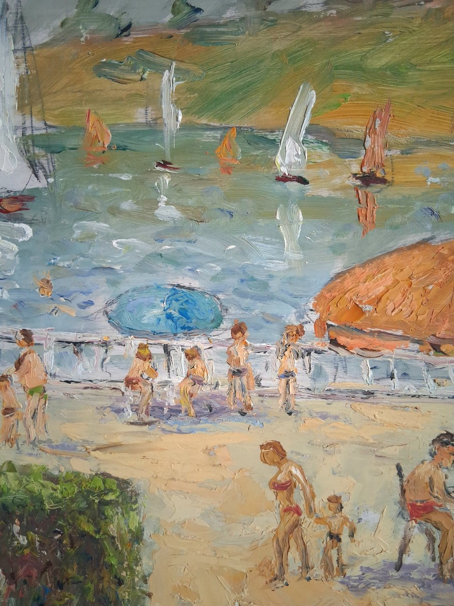 Lucien MOYROUD (1920-2000) Charavines lac de Paladru Isère scène de plage huile sur panneau-photo-3
