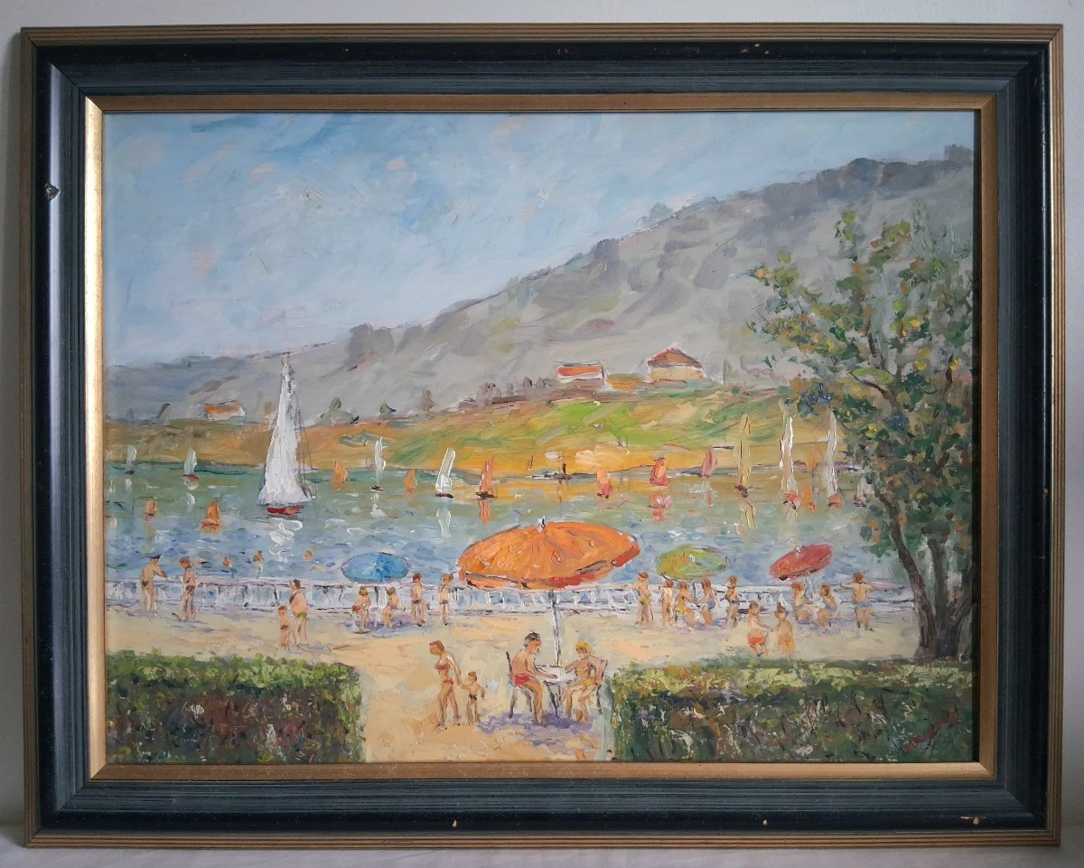 Lucien MOYROUD (1920-2000) Charavines lac de Paladru Isère scène de plage huile sur panneau