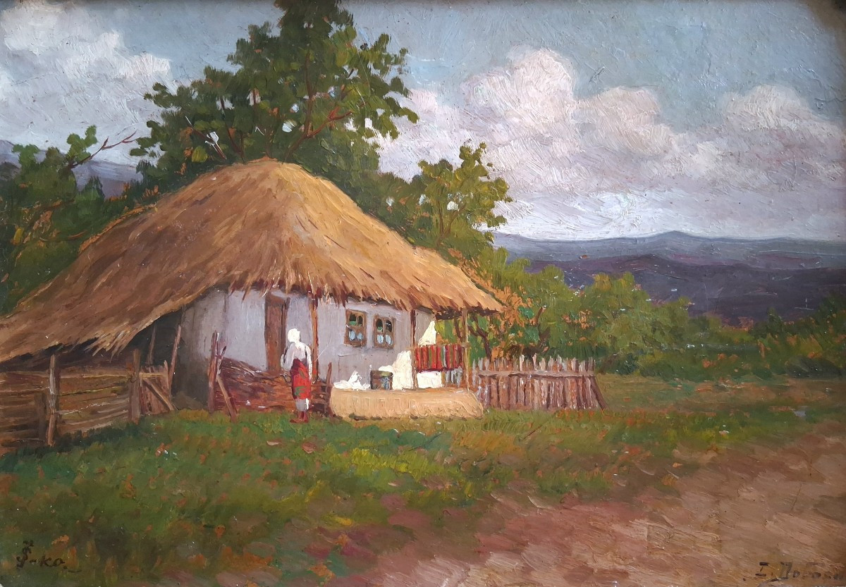Ion DOBOSARIU (1889-1979) huile sur panneau paysage animé Roumanie-photo-2