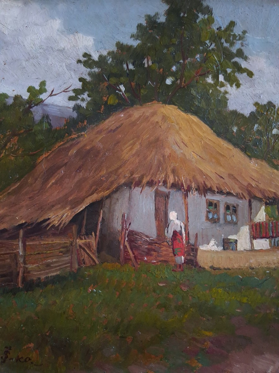 Ion DOBOSARIU (1889-1979) huile sur panneau paysage animé Roumanie-photo-3