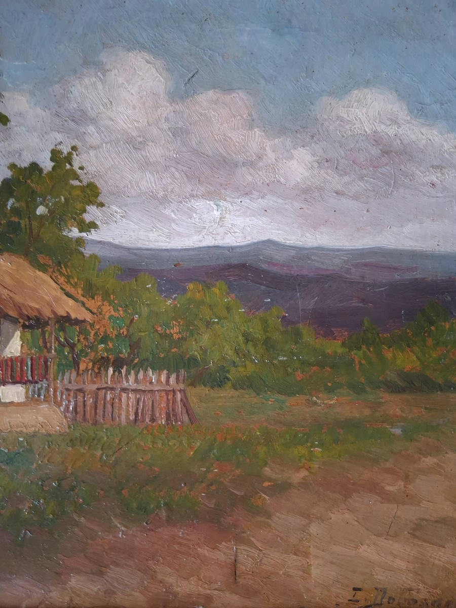 Ion DOBOSARIU (1889-1979) huile sur panneau paysage animé Roumanie-photo-1