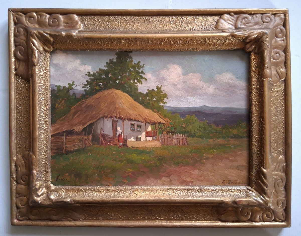 Ion DOBOSARIU (1889-1979) huile sur panneau paysage animé Roumanie