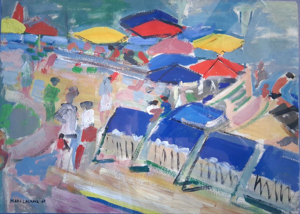 Marguerite Lacroux (1892-1972) Gouache Beach Scene 1960-photo-2