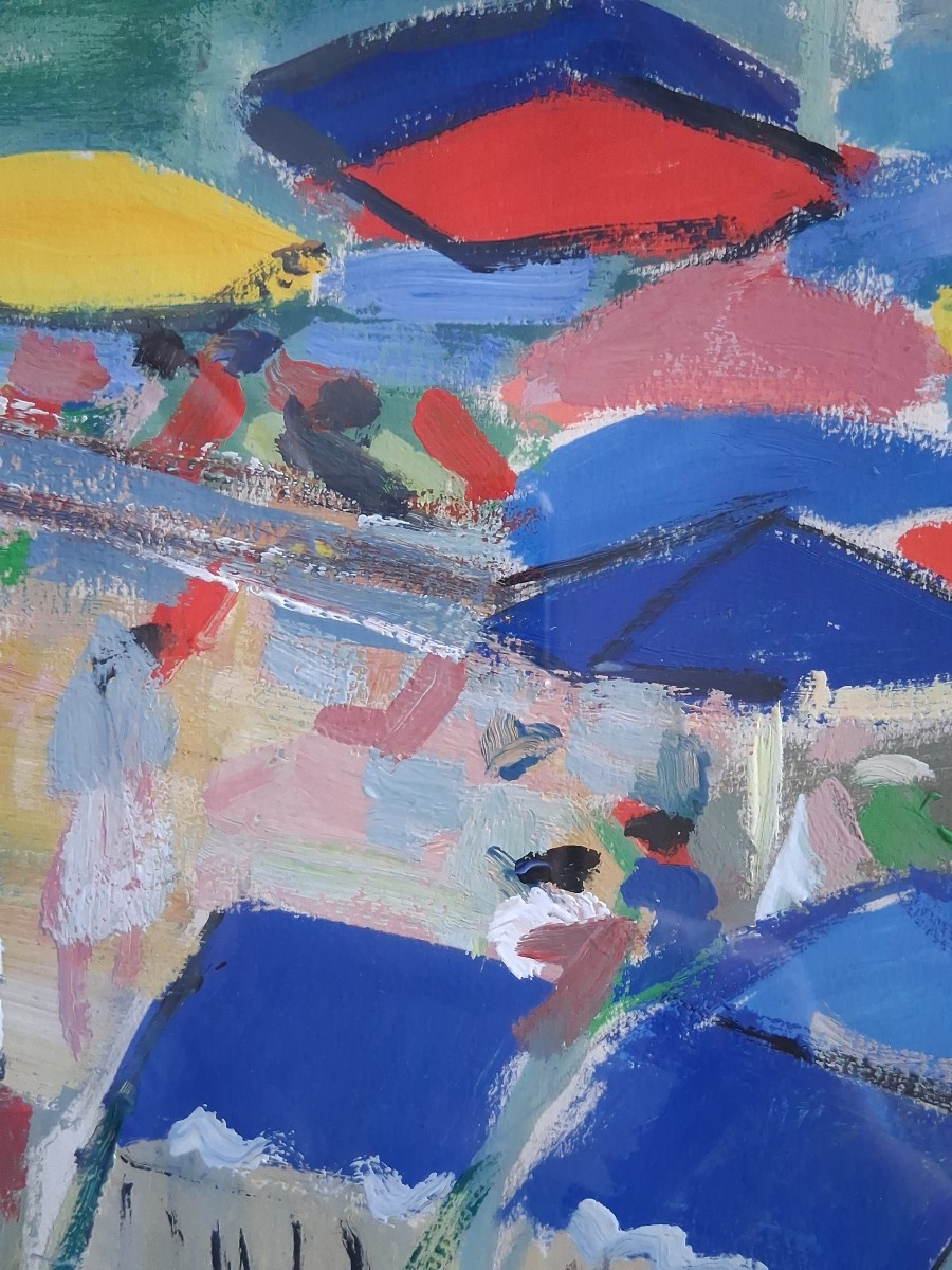 Marguerite Lacroux (1892-1972) Gouache Beach Scene 1960-photo-3