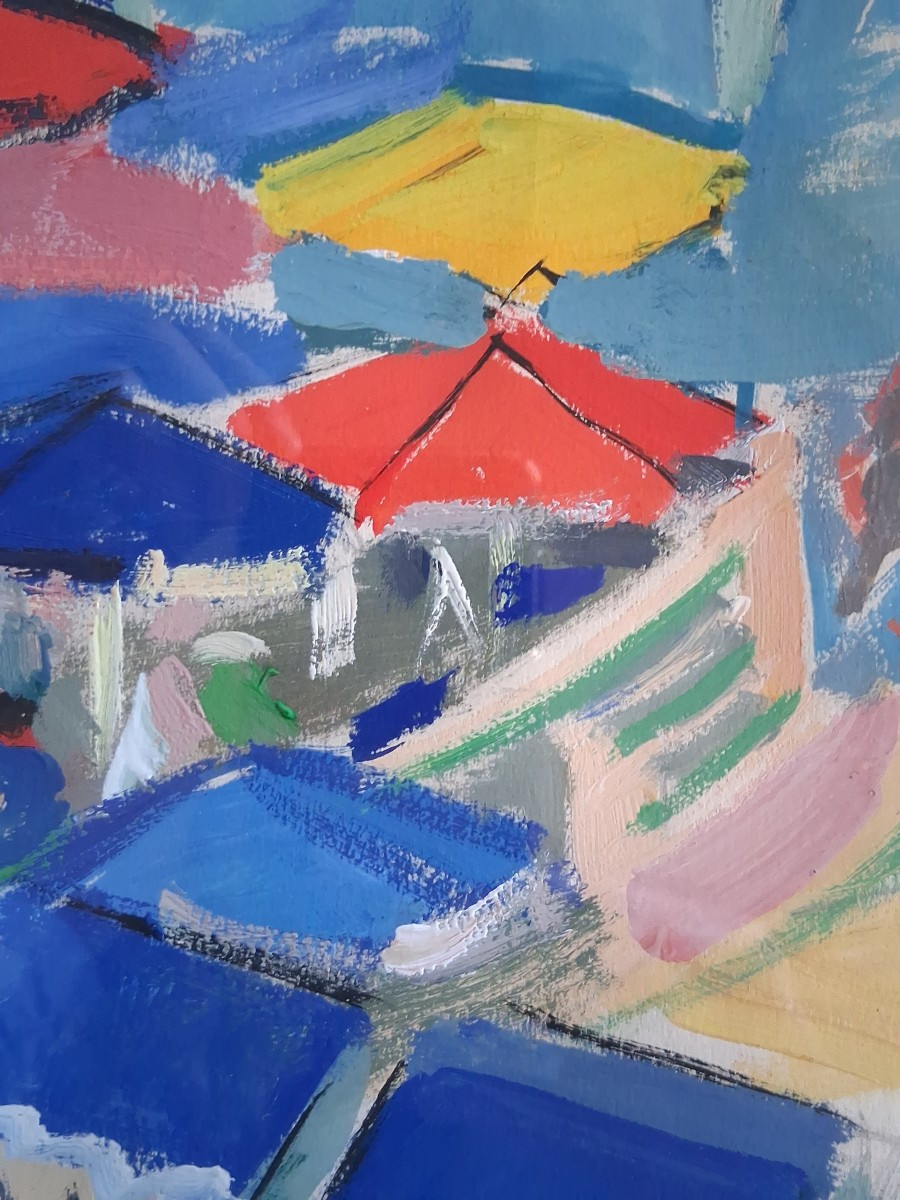 Marguerite Lacroux (1892-1972) Gouache Beach Scene 1960-photo-4