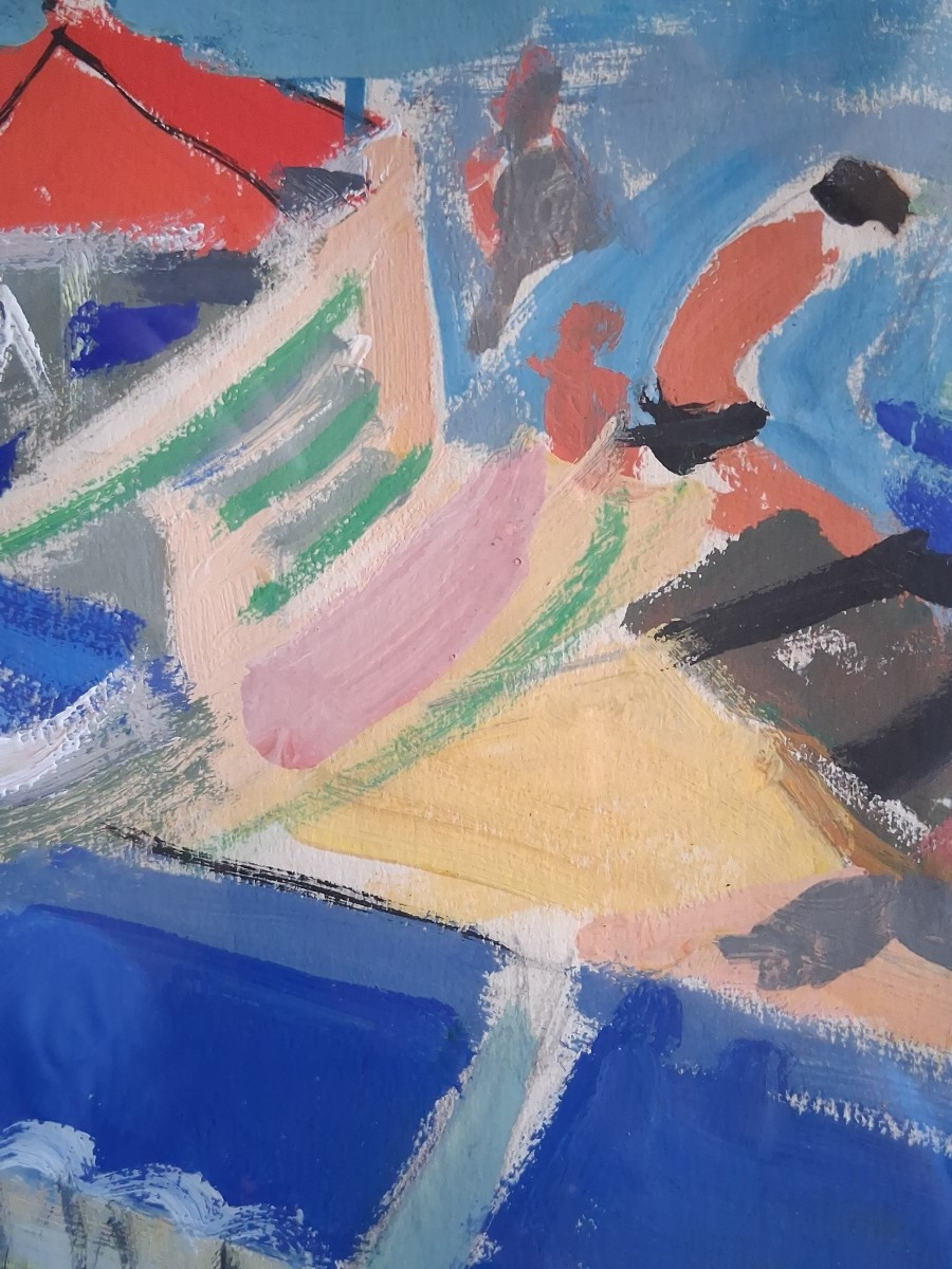 Marguerite Lacroux (1892-1972) Gouache Beach Scene 1960-photo-5