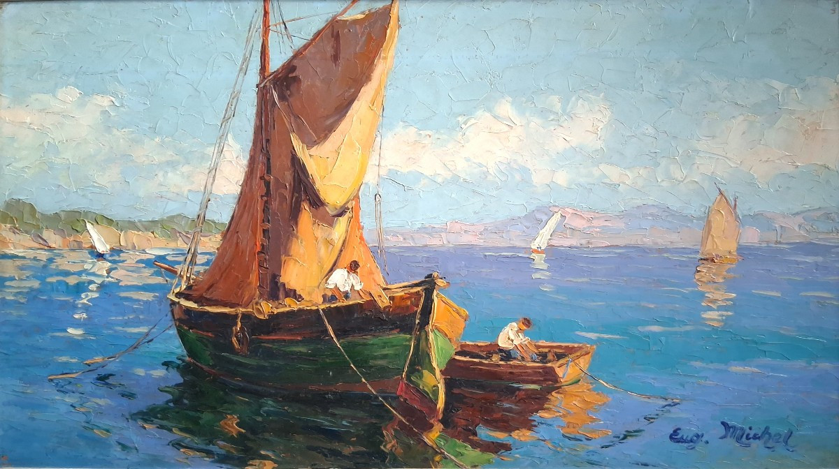 Eugène MICHEL huile sur panneau paysage méditerranéen marine bateau et barque pêcheurs-photo-2