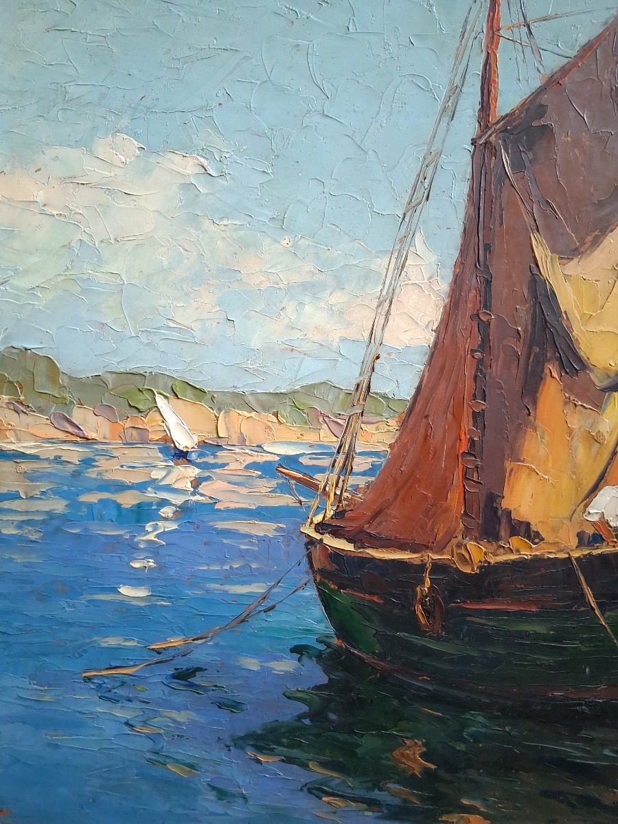 Eugène MICHEL huile sur panneau paysage méditerranéen marine bateau et barque pêcheurs-photo-3
