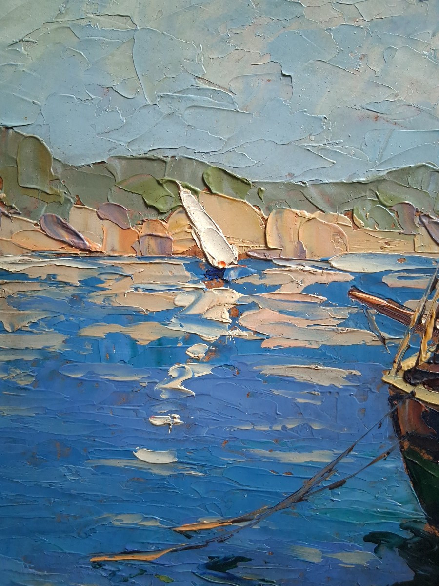 Eugène MICHEL huile sur panneau paysage méditerranéen marine bateau et barque pêcheurs-photo-2
