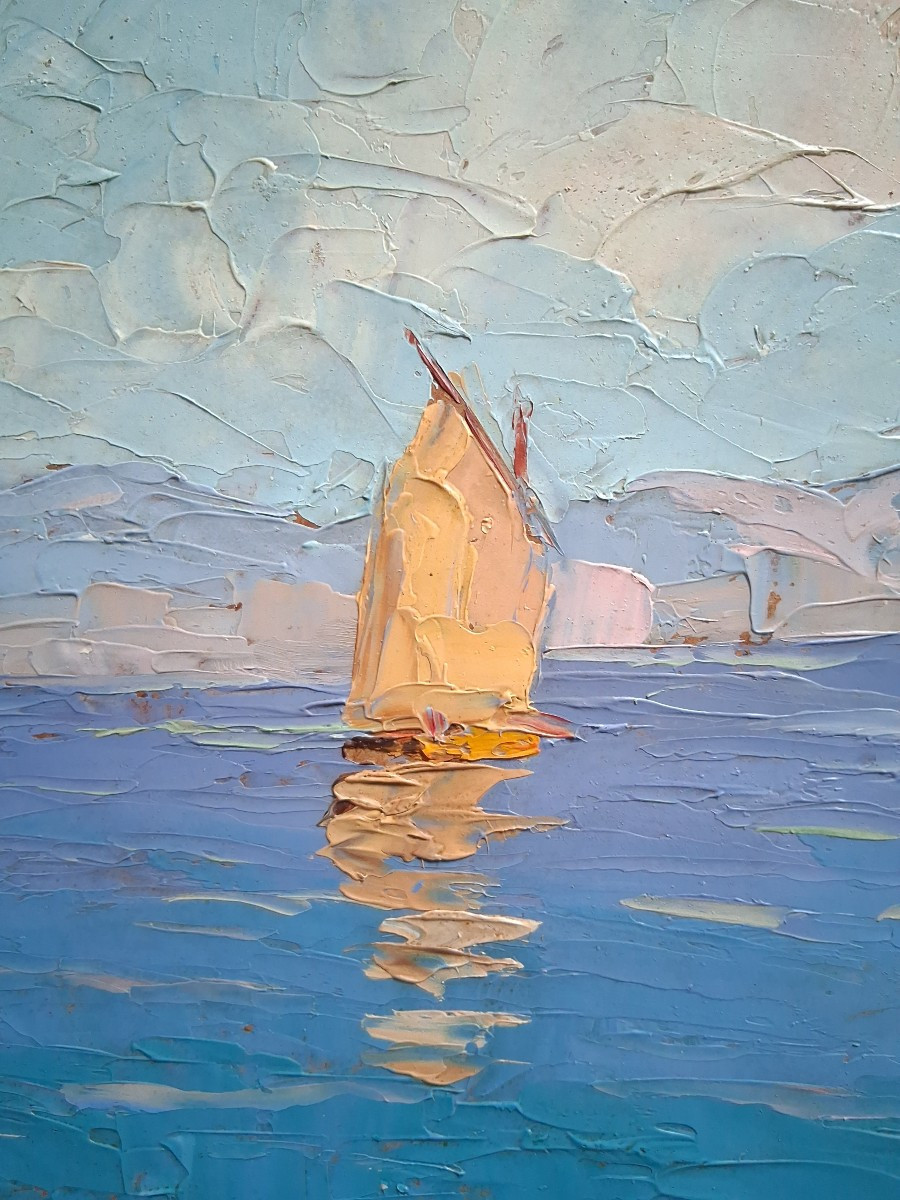 Eugène MICHEL huile sur panneau paysage méditerranéen marine bateau et barque pêcheurs-photo-6