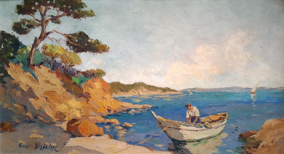 Eugène MICHEL huile sur toile paysage méditerranéen marine barque pêcheur-photo-2