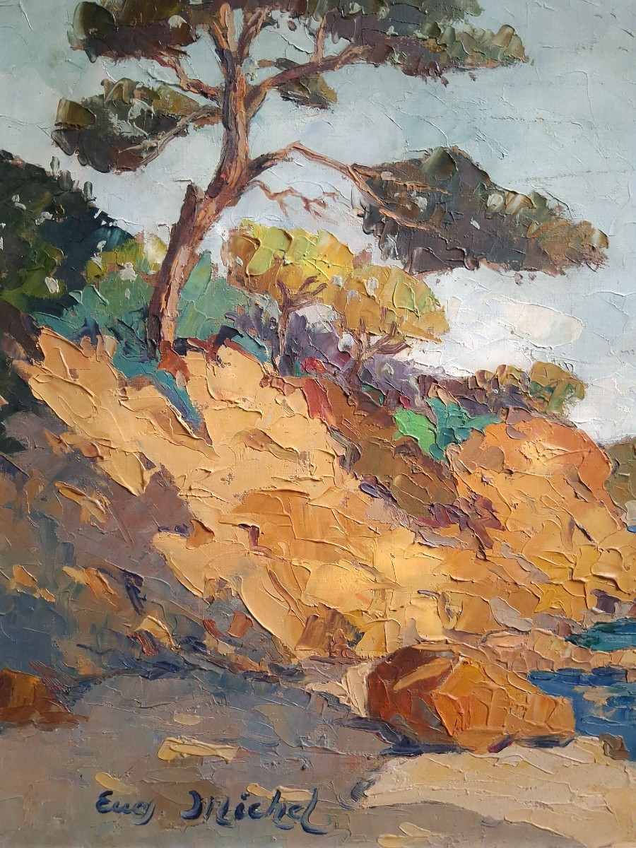 Eugène MICHEL huile sur toile paysage méditerranéen marine barque pêcheur-photo-3