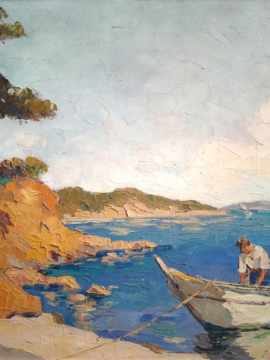Eugène MICHEL huile sur toile paysage méditerranéen marine barque pêcheur-photo-4