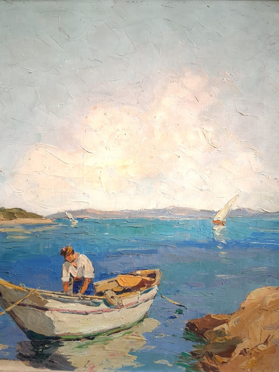 Eugène MICHEL huile sur toile paysage méditerranéen marine barque pêcheur-photo-1