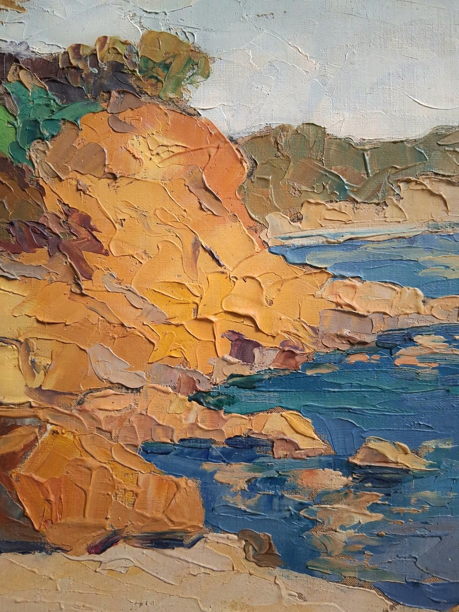 Eugène MICHEL huile sur toile paysage méditerranéen marine barque pêcheur-photo-3