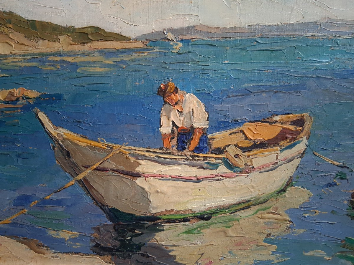 Eugène MICHEL huile sur toile paysage méditerranéen marine barque pêcheur-photo-4