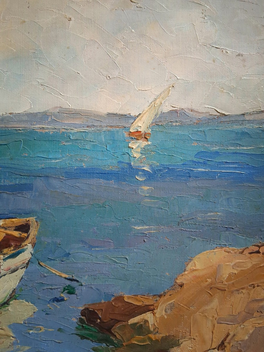 Eugène MICHEL huile sur toile paysage méditerranéen marine barque pêcheur-photo-5