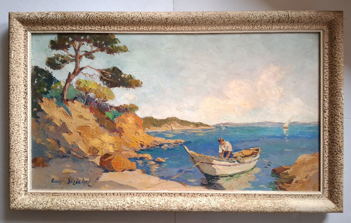 Eugène MICHEL huile sur toile paysage méditerranéen marine barque pêcheur