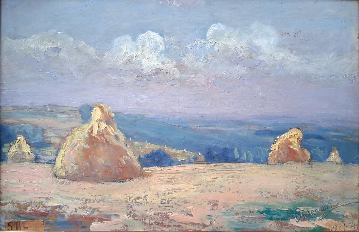 Jean DREVON (1889-1979) huile sur bois paysage meules de foin 1947-photo-2